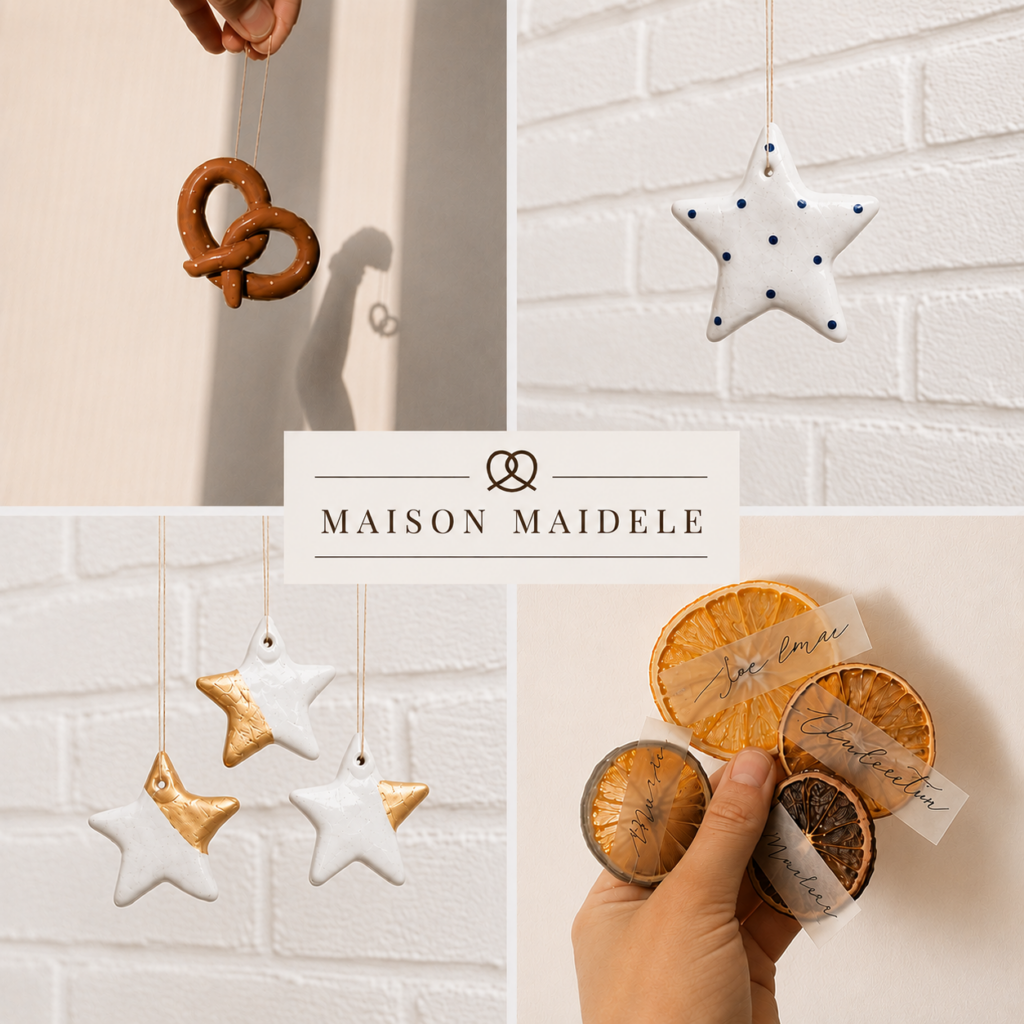 Pièces 100% faites-main, inspirées des Noël alsaciens : décorations de sapin en argile autodurcissante, tissus alsaciens kelsch, petit gâteaux de Noël à la cannelle et papeterie, porte noms pour art de la table.